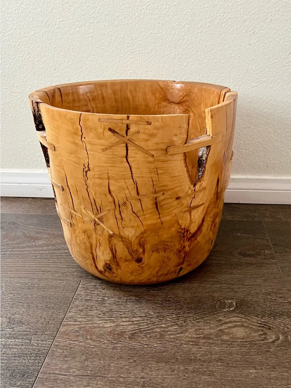 Hand-Carved Natural Wood Accent Planter - Honey Brown